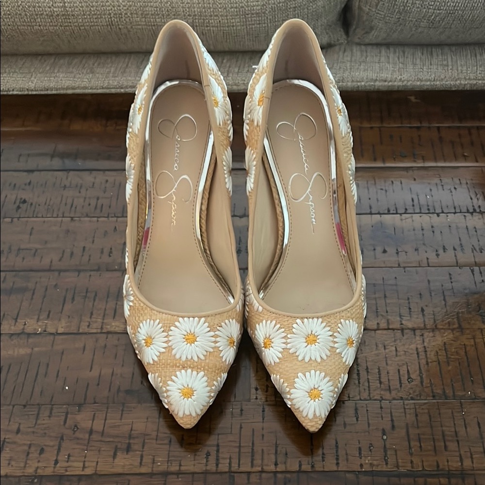 Jessica Simpson Tan Daisy Embellished Heels